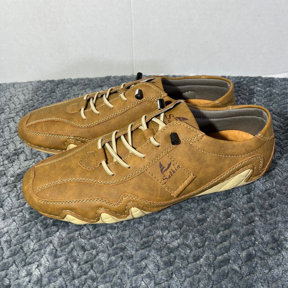 Salkin Men's Tan Leather Lace-Up Driving Moccasin‎ Shoes Size 41/8.5